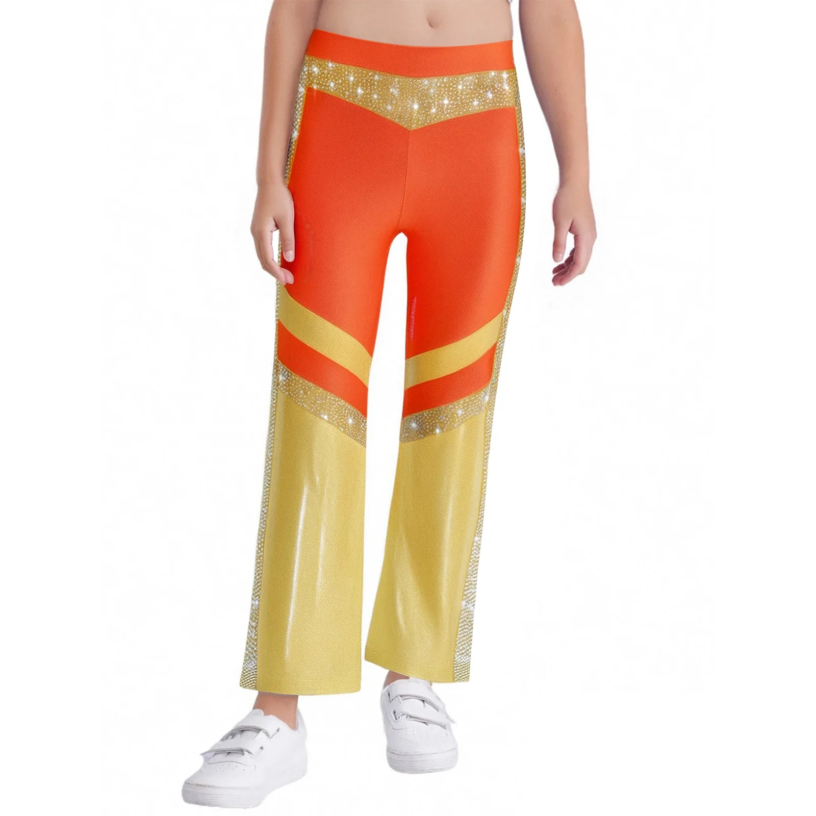 أطفال بنات الجمباز البهلوانية الرقص السراويل مرونة الخصر اللون كتلة الراين متوهج السراويل بنطلون الجاز 80s ديسكو زي