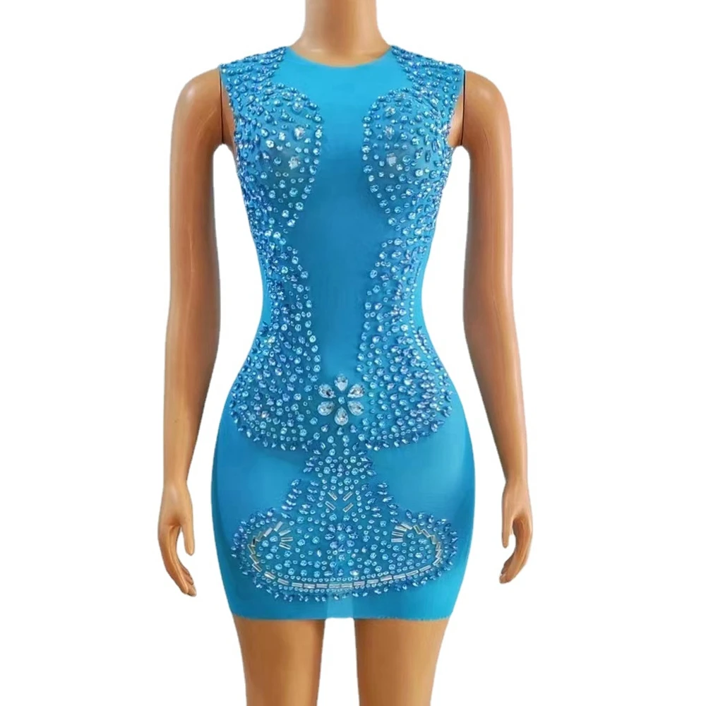 Sparkly Blue Rhinestones Dress Sexy Mesh See Through for Women Evening Prom Celebrate Birthday Short Dress Performance Costume