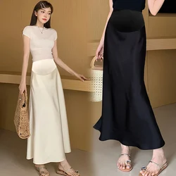 Satin Smooth Drooping Maternity Fishtail Skirts Summer Y2k Youth A Line Pencil Elastic Waist Belly Bottoms for Pregnancy Women