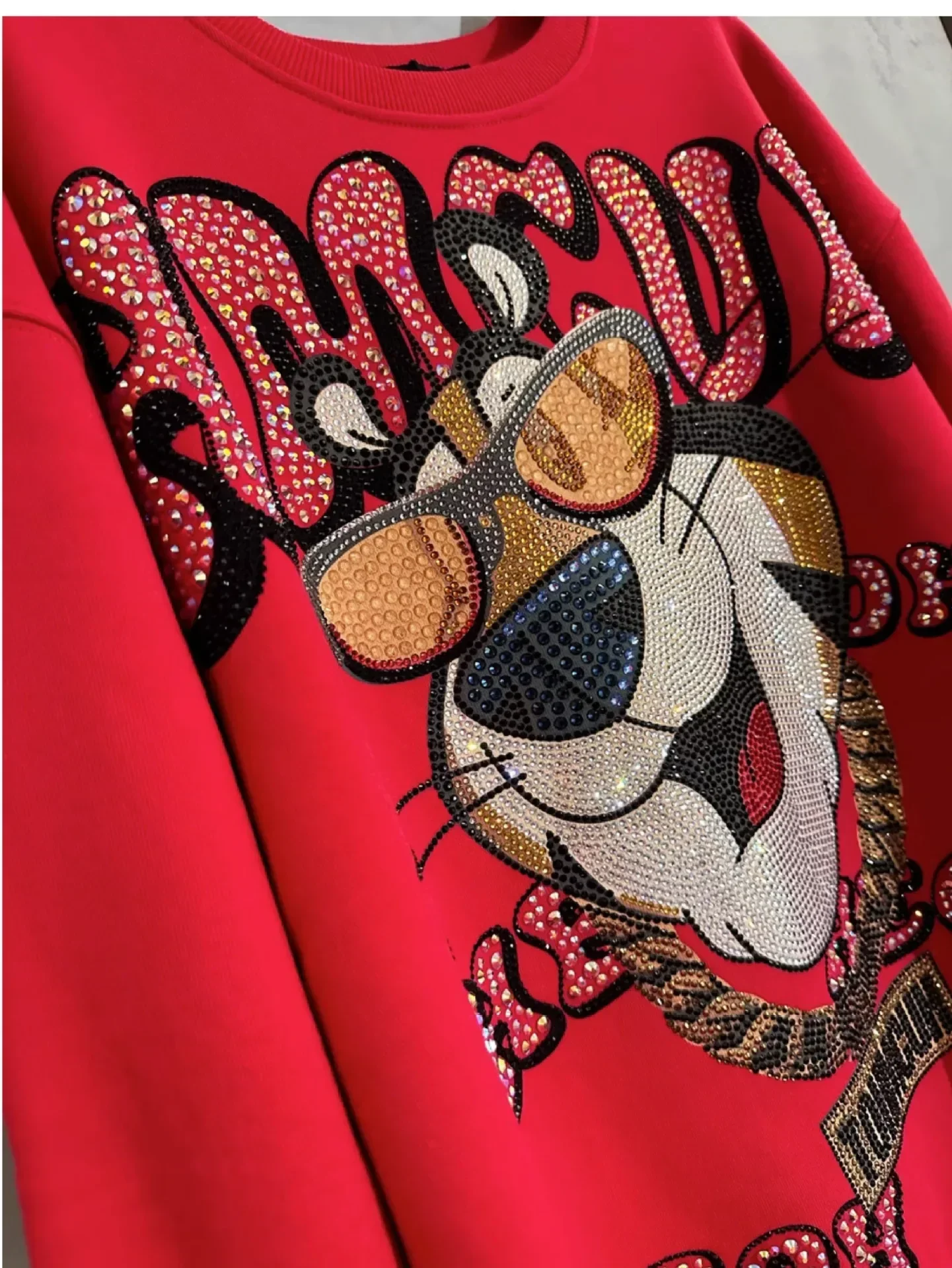 Fashion Loose Hot Drilling Red Couple Hoodie Coat 2023 Autumn New Pullover Round Neck Cartoon Tiger Head Sweatshirt for Women