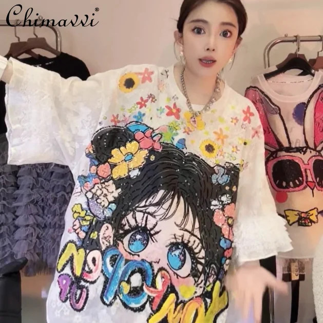 

New Summer Heavy Industry Lace Stitching Cartoon Girl Short-sleeved Oversized T-shirt Loose Trendy Women's Tee Shirt Tops