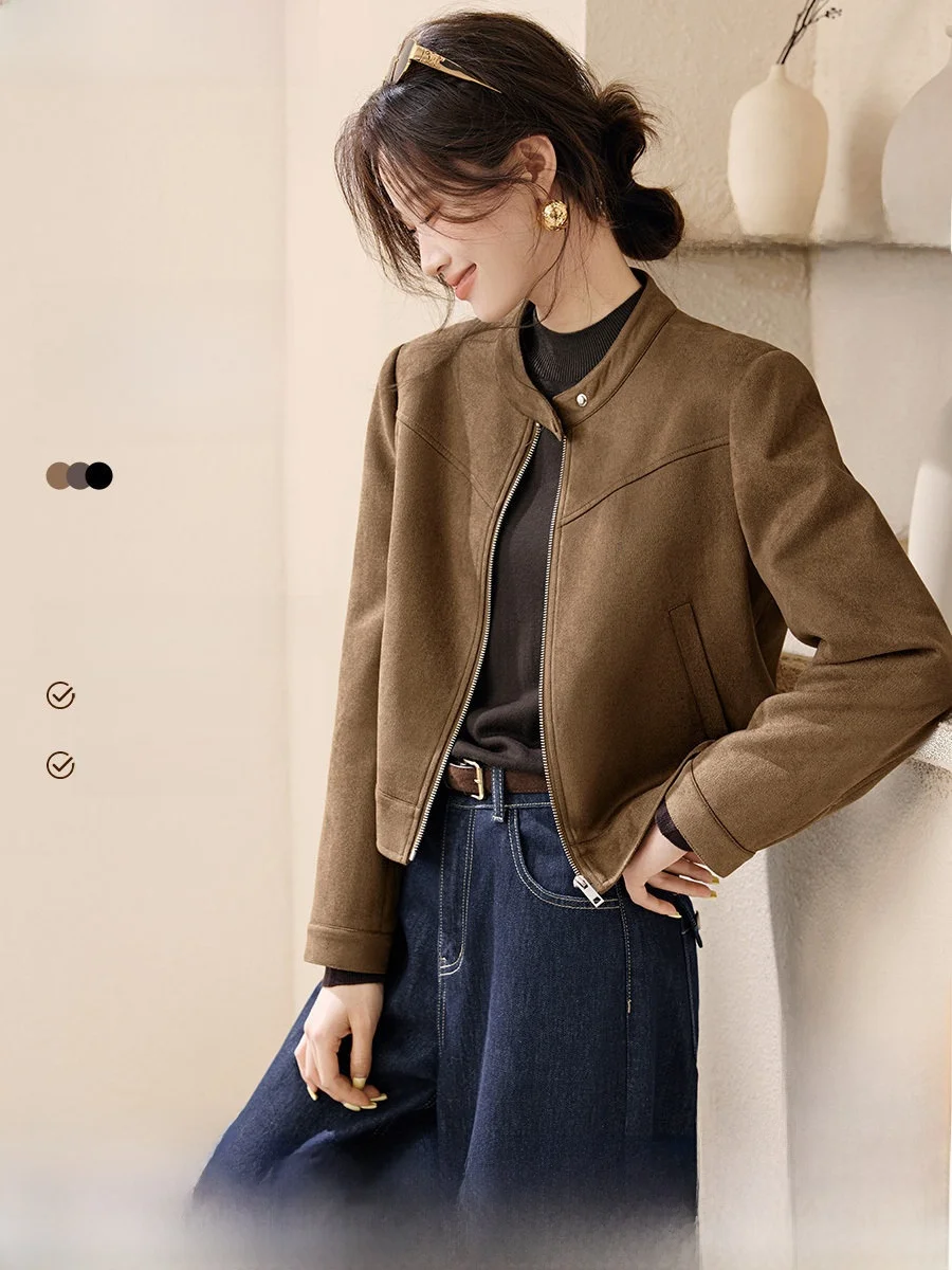 Mo han mei nova york motocicleta sle ultra macio camurça sintética jaet feminino largo oulder ort outerwear outono 2025