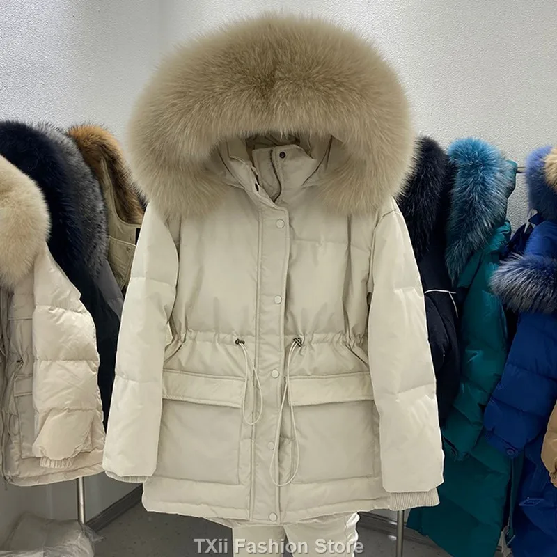 2023 White Duck Down Coat Winter Women Fashion Hooded Real Fox Fur Collar Thicken Warm Feather Clothing Female Parka Overcoat