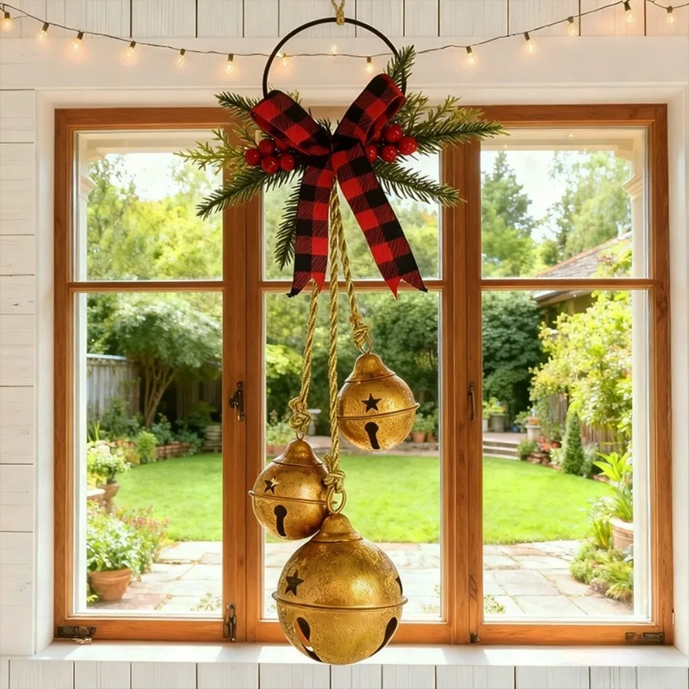 Three-Bell Christmas Tree Bell Decorations Shatterproof Rustic Style Wall Hanging Ornament Festive with Bowknot