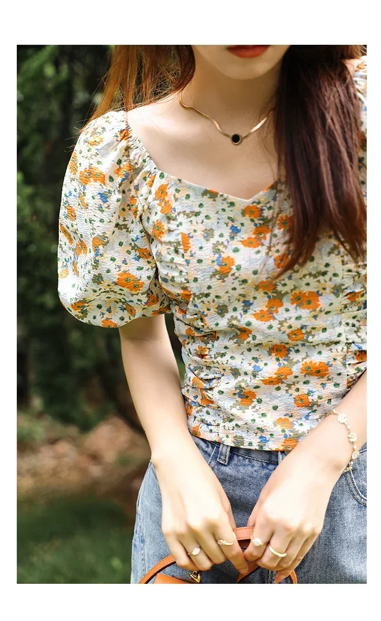 MISHOW Blouse Women 2023 Summer New High Waist Floral V-neck Casual Chiffon Shirts Puff Sleeve Shirt Female Fashion MXA24L0179