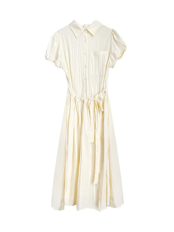 High Quali Loose Bubble Sve ort Dr irt Long Pleated Skirt Maxi Dr Commute Sle Artificial Silk Spring Dr