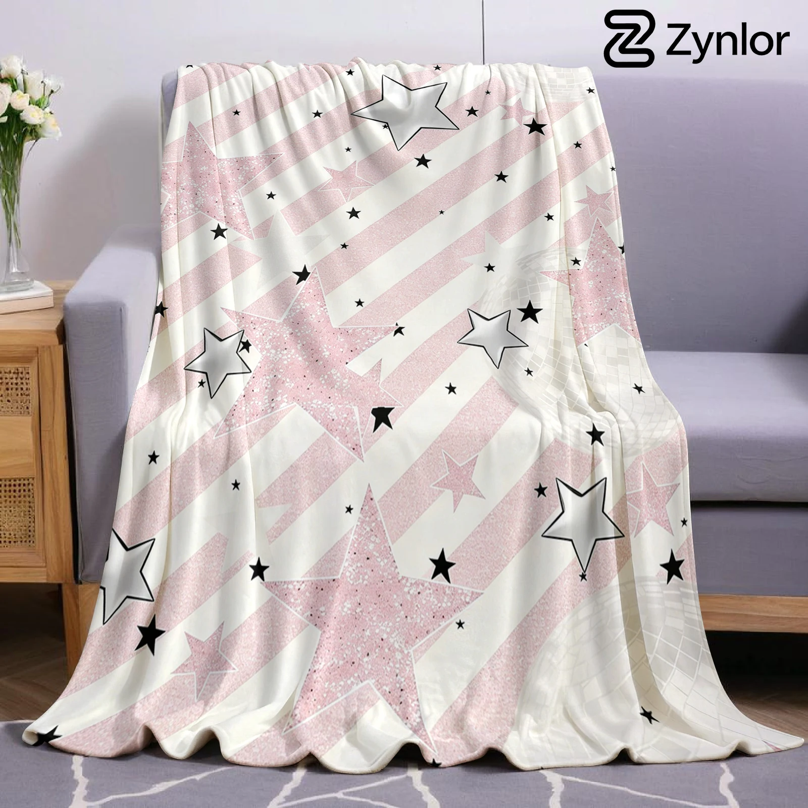 Pink Disco Star Christmas Fleece Throw Blanket Soft Warm Cozy Xmas Home Decor for Bed Sofa Couch Holiday Present