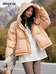 MISHOW Women's Winter Down Jacket 2023 Hooded Short White Duck Down Coats Imitation Protein Leather Puffer Jackets MXC52Y0008