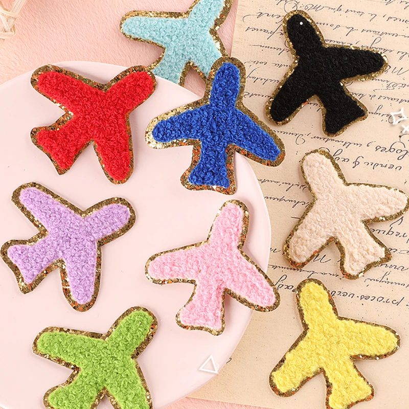 Airplane Gold Glitter Patches Iron on For Clothing Chenille Towel Embroidered Sequins Colorful Appliques for DIY Accessories