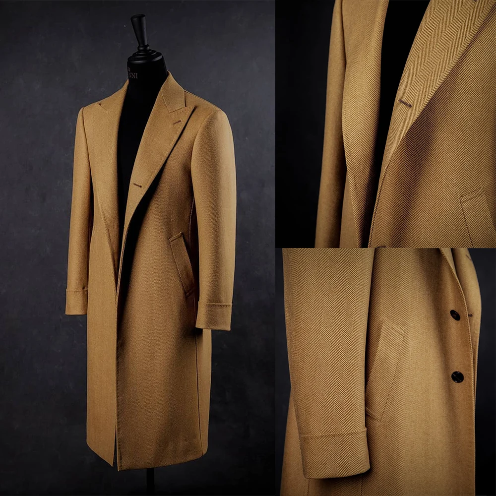 

Vintage Herringbone Winter Coat Peak Lapel Thick Trench Coat Formal Suits Outwear Slim Fit Male Pocket Jacket