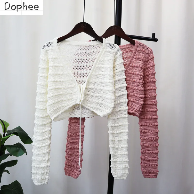 Dophee Handmade Beading Knitting Cardigans Crop Tops for Women New Autumn Solid Color V-neck Long Sleeve Knitted Sweater Coat