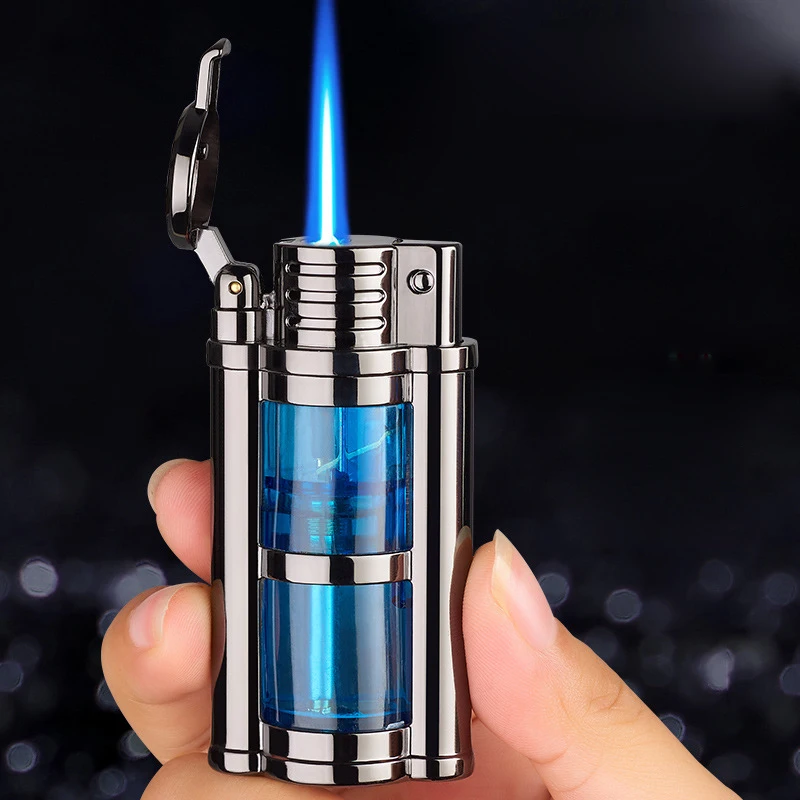 Creative Mechanical Butane Gas Lighter Metal Outdoor Windproof Blue Flame Turbo Jet Transparent  Warehouse Recycle Lighters Gift