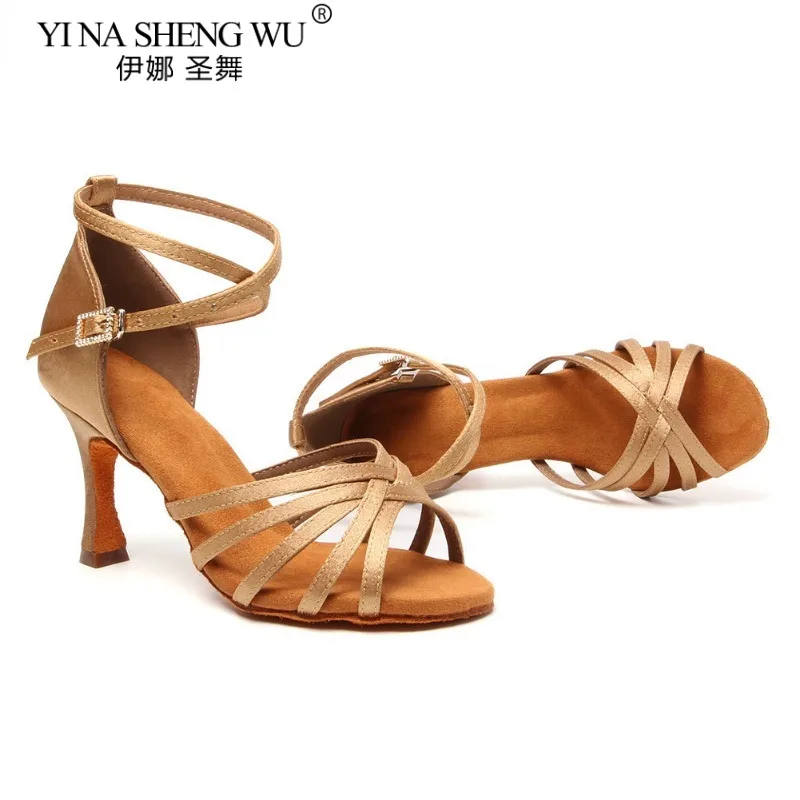 Women Latin Dance Shoes Soft Sole Ballroom Tango Indoor Dance Shoes Light Brown Cuban High Heel Party Dance Shoes Wholesale