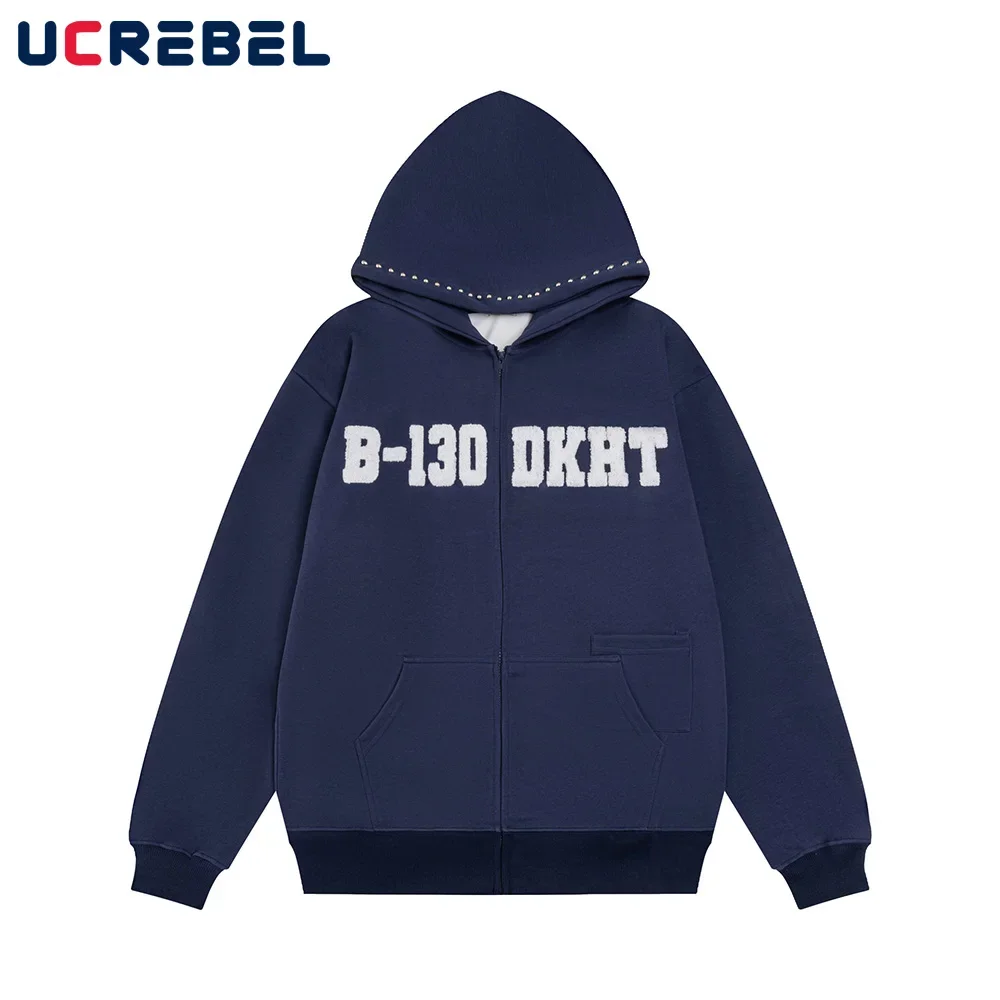 

Letter Embroidery Hooded Outerwear Mens with Rivets High Street Drop Shoulder Long Sleeve Pocket Sweatshirts Men