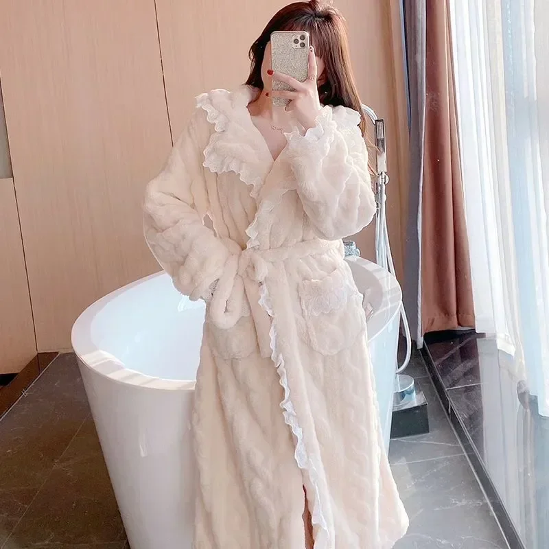 Belt Women Robe Nightdress For Pajama Warm Nightgown Wear Long Homewear Sleeve Night Lace Winter Sleepwear Japanese Solid Fleece