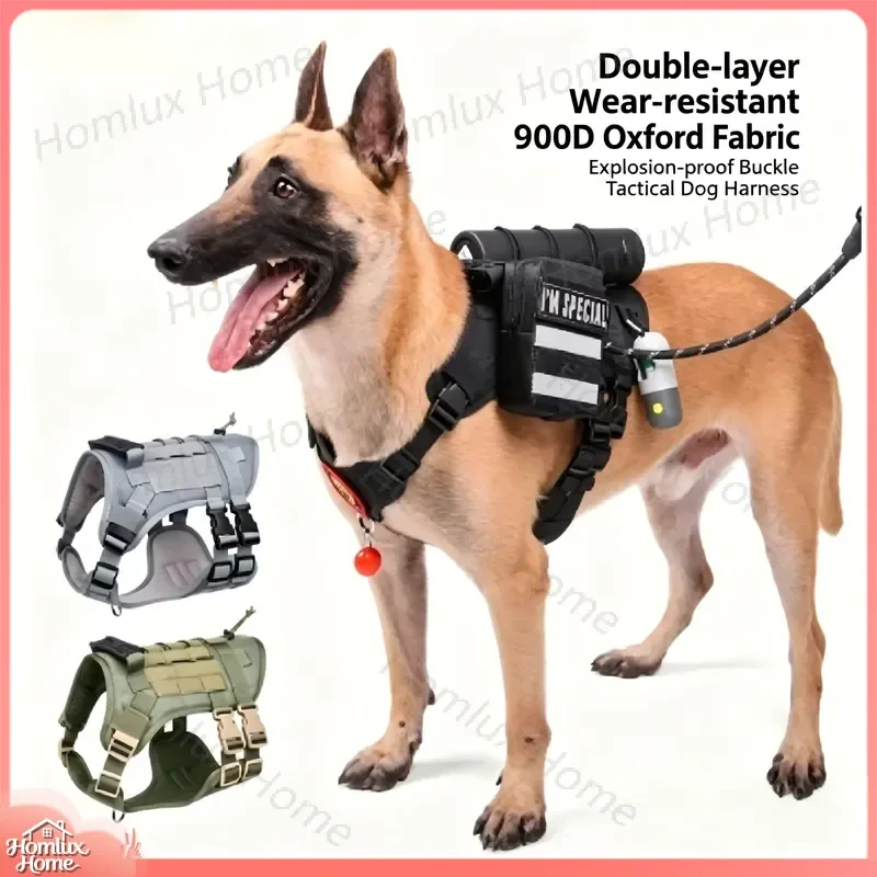 Tactical Dog Harness Adjustable No Pull Breathable Oxford Vest with MOLLE System Rubber Handle for Large Medium Dogs Pet
