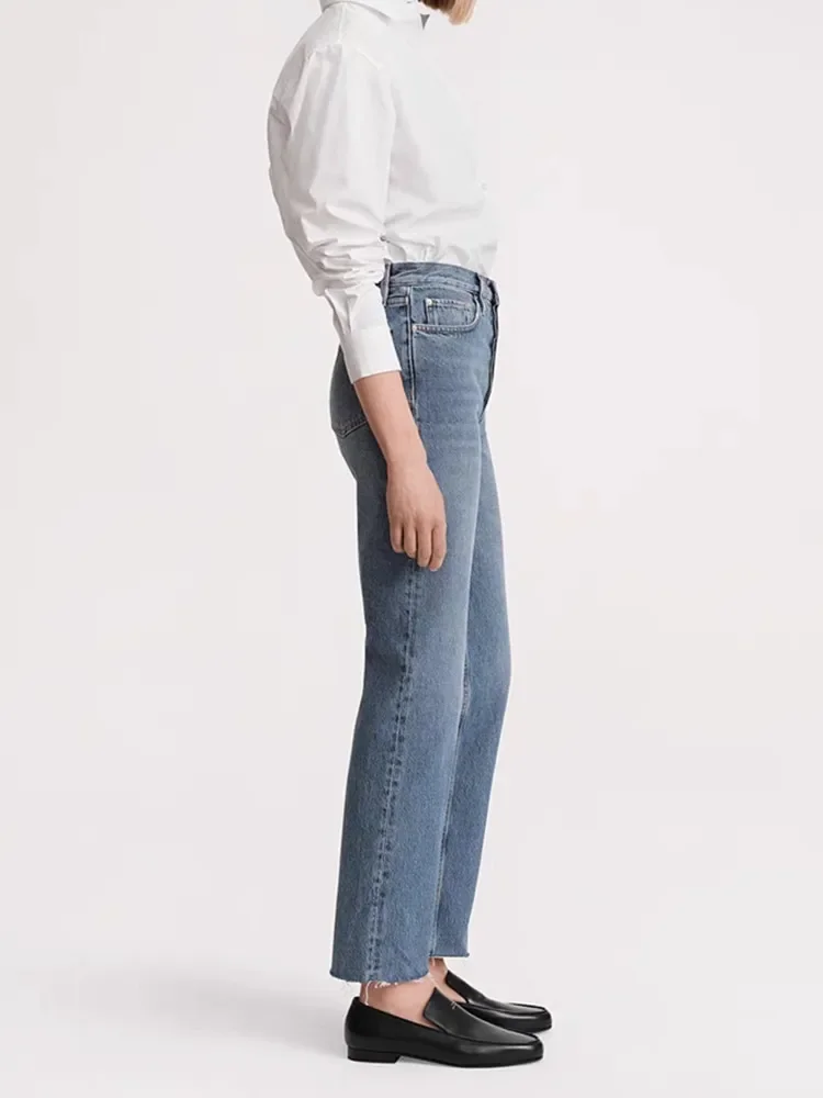 Women Straight Jeans Zipper High Waist Simple All-Match 2024 Spring Summer Tassels Trim Denim Ankle-Length Pant