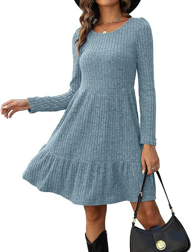 Wintertrend Jurk Met Ronde Hals En Lange Mouwen A-Lijn Dames Minimalistische Mini-Jurken Casual Gewaad Vestidos