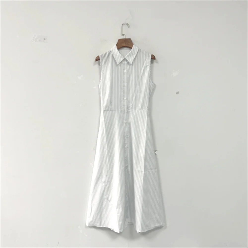 

Minimally Commute Women Sleeveless Shirt Dress Turn-down Collar Striped Mid-length Dresses Ladies Fashion Waist Lace-up Clothing