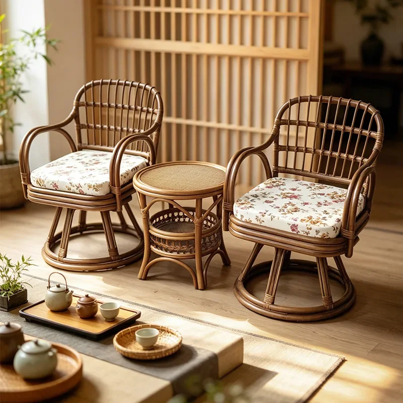 DSA Japanese-style rattan single sofa chair antique handmade rattan chair rotatable homestay tea room chair tea table