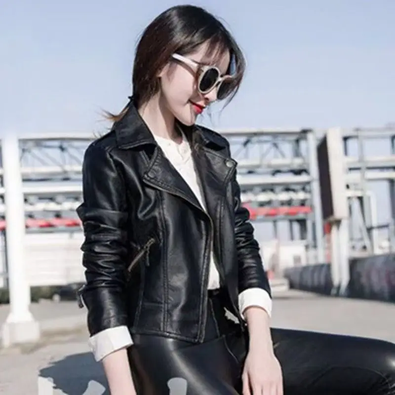 Women Spring Summer Faux Leather Jacket Black Slim Short Jackets Motorcycle PU Jackets Solid Colors Zippers Slim Short Jacket