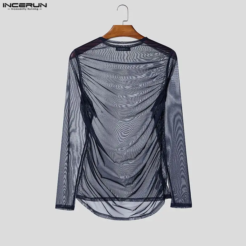 

Мужская футболка INCERUN: Прозрачная сетчатая сексуальная футболка с круглым вырезом и длинным рукавом, уличная одежда, плиссированная, 2026, для вечеринок