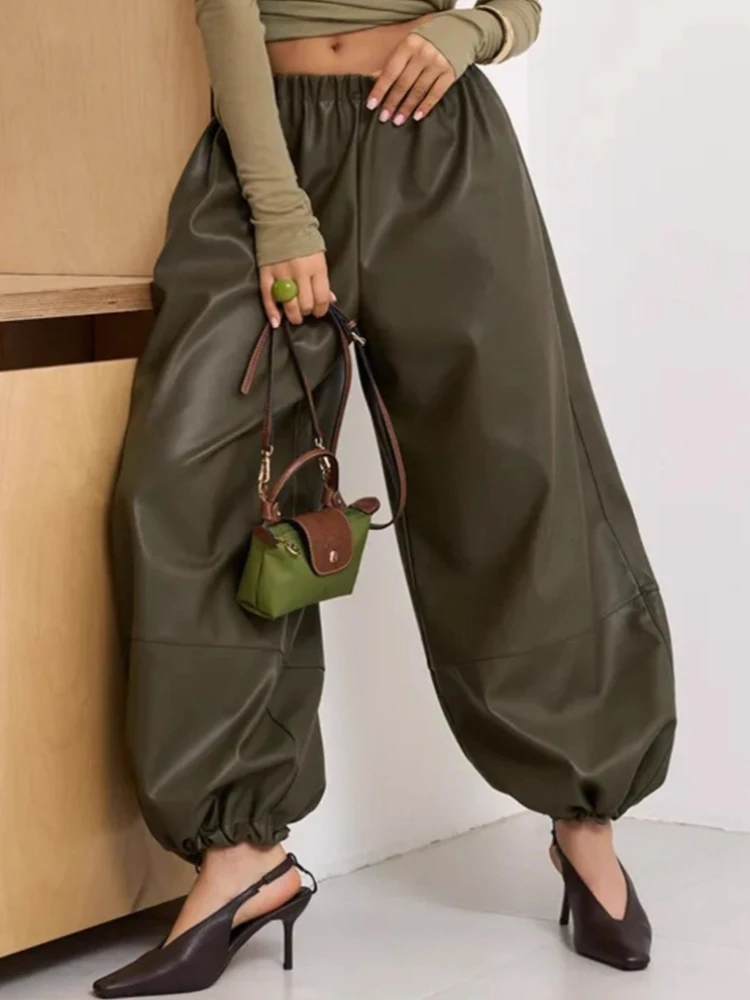 

Tossy Casual PU Bloomers Wide Leg Trousers For Women Loose Elastic Waist Streetwear 2025 Commute Clothes Female Bandage Pants
