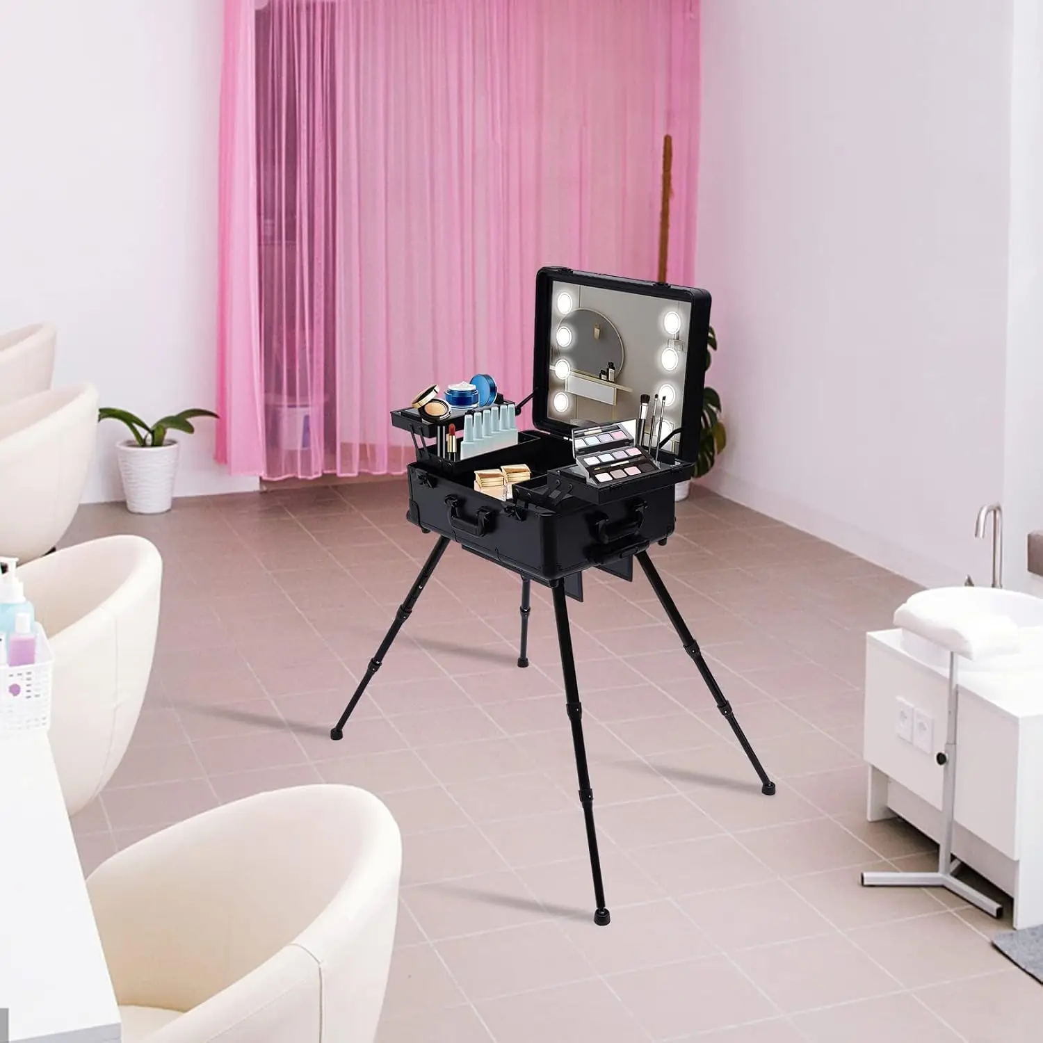 Rolling Makeup Case Cosmetic Travel Organizer Train Box 8 Led Lights Vanity Mirror Professional Pink Black