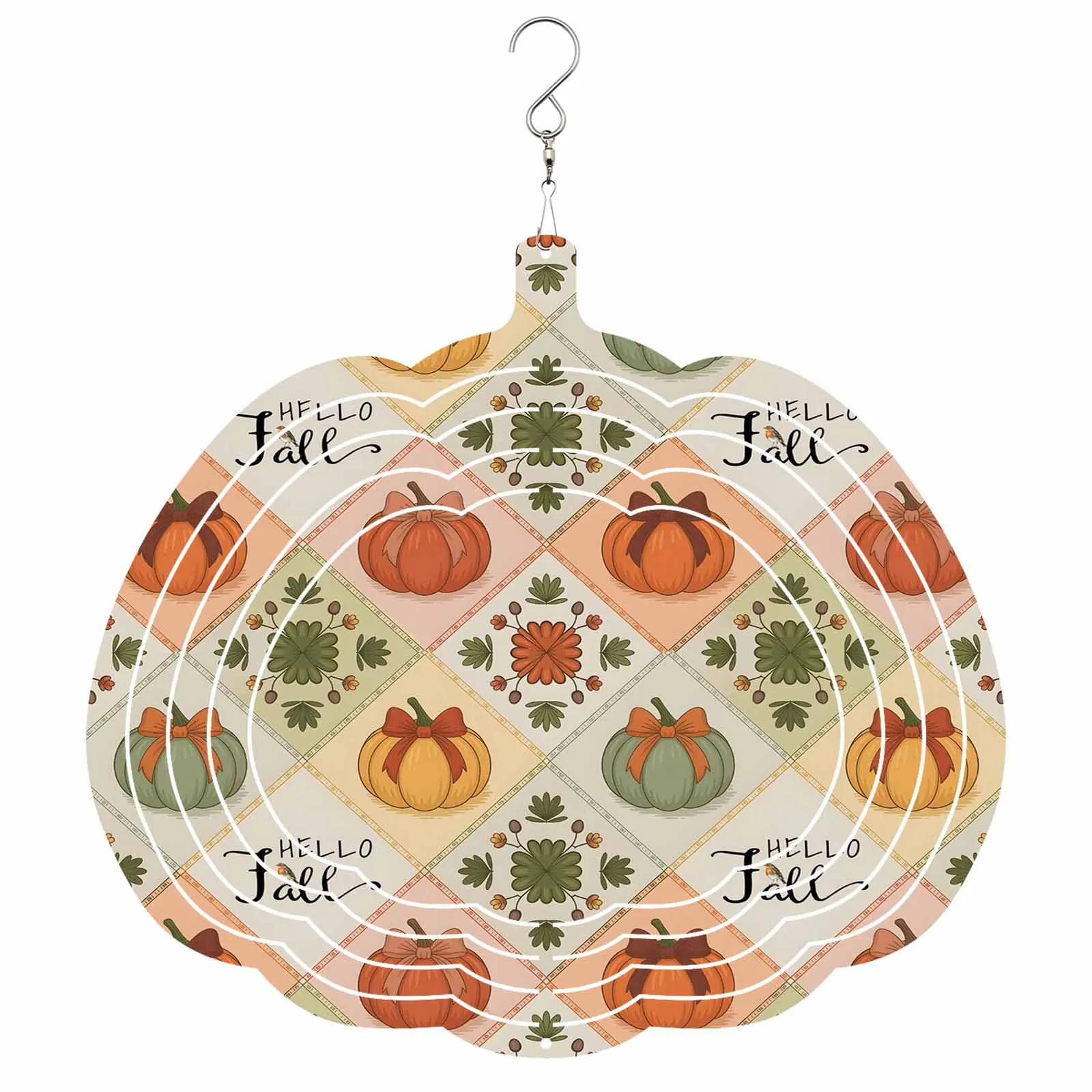 

Patchwork Pumpkins Hello Fall Stainless Steel Hanging Decorations For Home 3D Rotating Wind Spinner