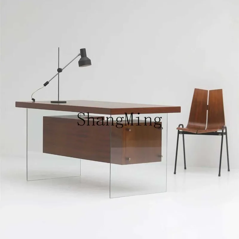 LXY medieval black walnut solid wood dining table modern simple light luxury glass leg writing desk desk