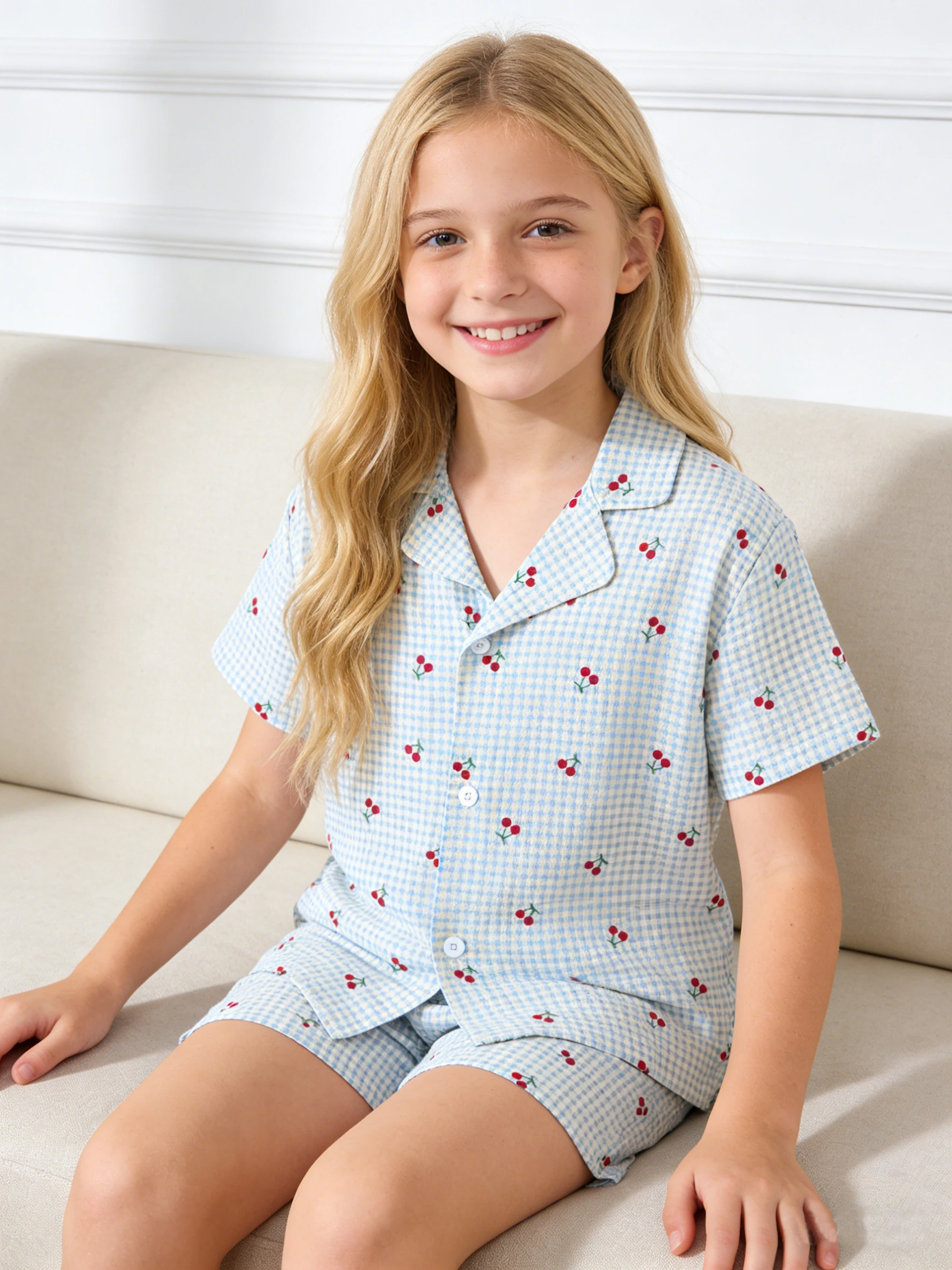 Girls' Pajama Home Wear Set, Cherry Short Sleeve Pajamas and Shorts, Perfect for Summer Sleepover Parties and Nighttime Wear