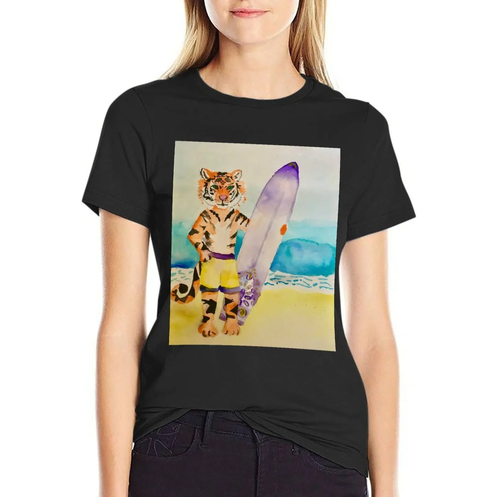 

Tiger with surfboard T-Shirt new edition graphics blacks Women's tops