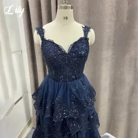 Lily Navy Blue A Line Formal Dress Tiered Sweetheart Party Dress Pleats Spaghetti Strap Special Occasion Dress 프롬 드레스 Customized 4