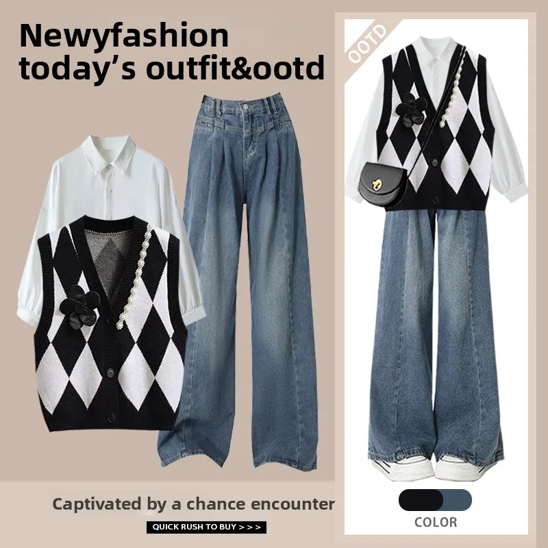 패셔너블하고 달콤한 스몰 사이즈 가을 여성용 롱 스웨트셔츠와 청바지 티피스 세트 다이아몬드 장식 조끼 트렌디 의상