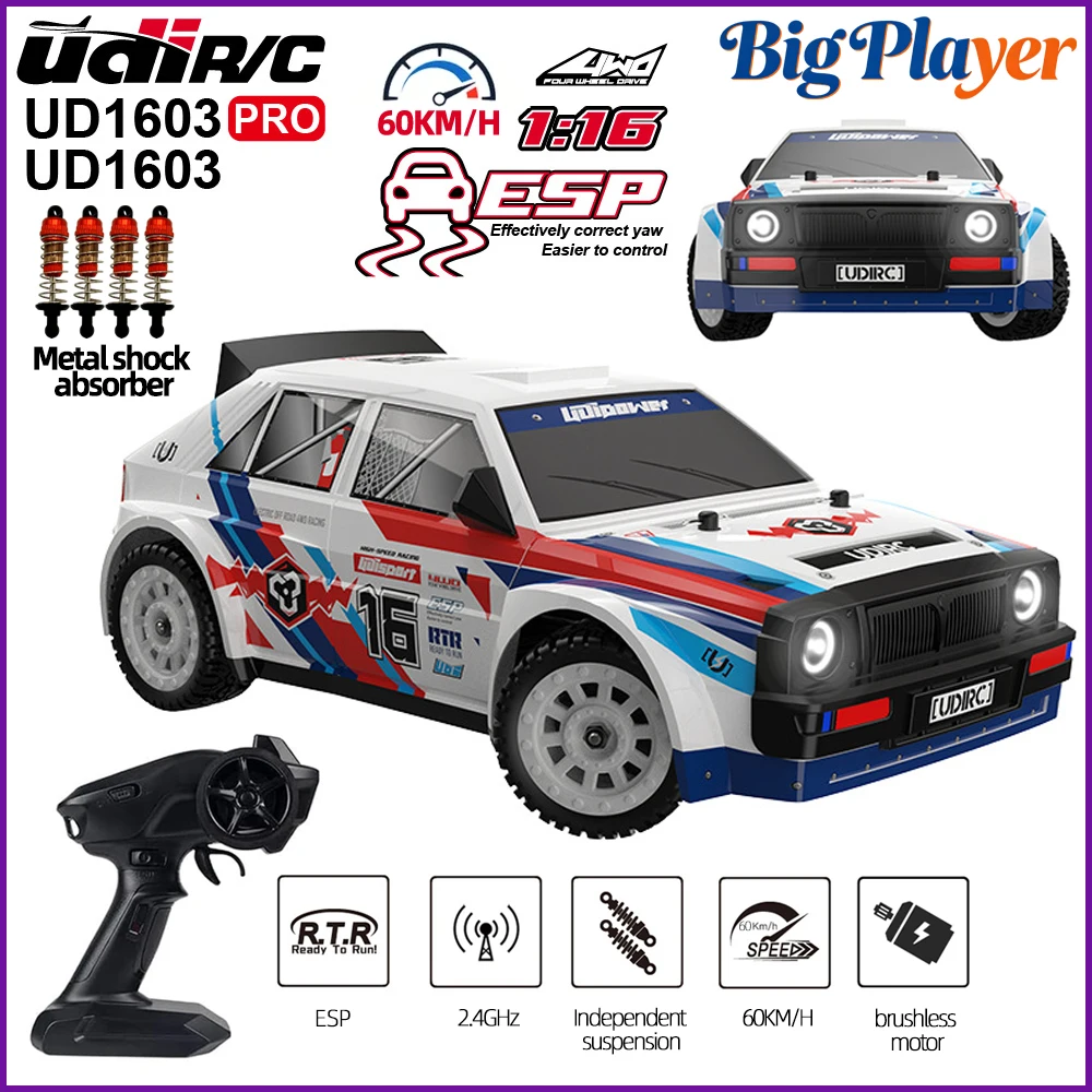 

UDIRC UD1603 UD1603Pro 1/16 4WD Brushless RC Car 60km/h High Speed Off-Road Drift Racing 2.4G LED RTR Toy Gift for Kids Adults