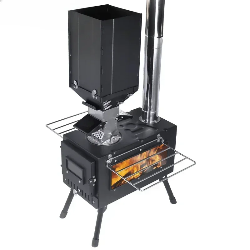 Portable windproof outdoor pellet fire wood heater with burner stove bin for camping tent