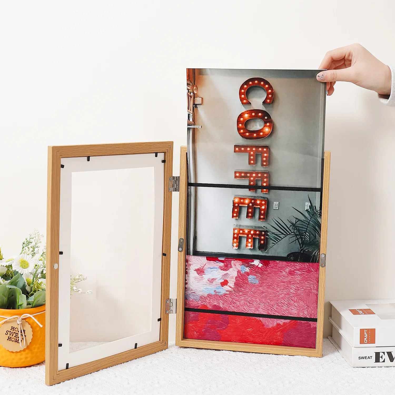 Multifunctional Magnetic Front-Opening Wooden Children's Art Frame - Safely display drawings, photos, and 3D creations; supports