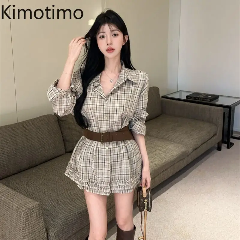 

Kimotimo Vintage Plaid Fungus Edge Long Sleeve Shirts Women 2025 Autumn Lapel Loose Versatile Tops Korean Fashion Blouse Camisas