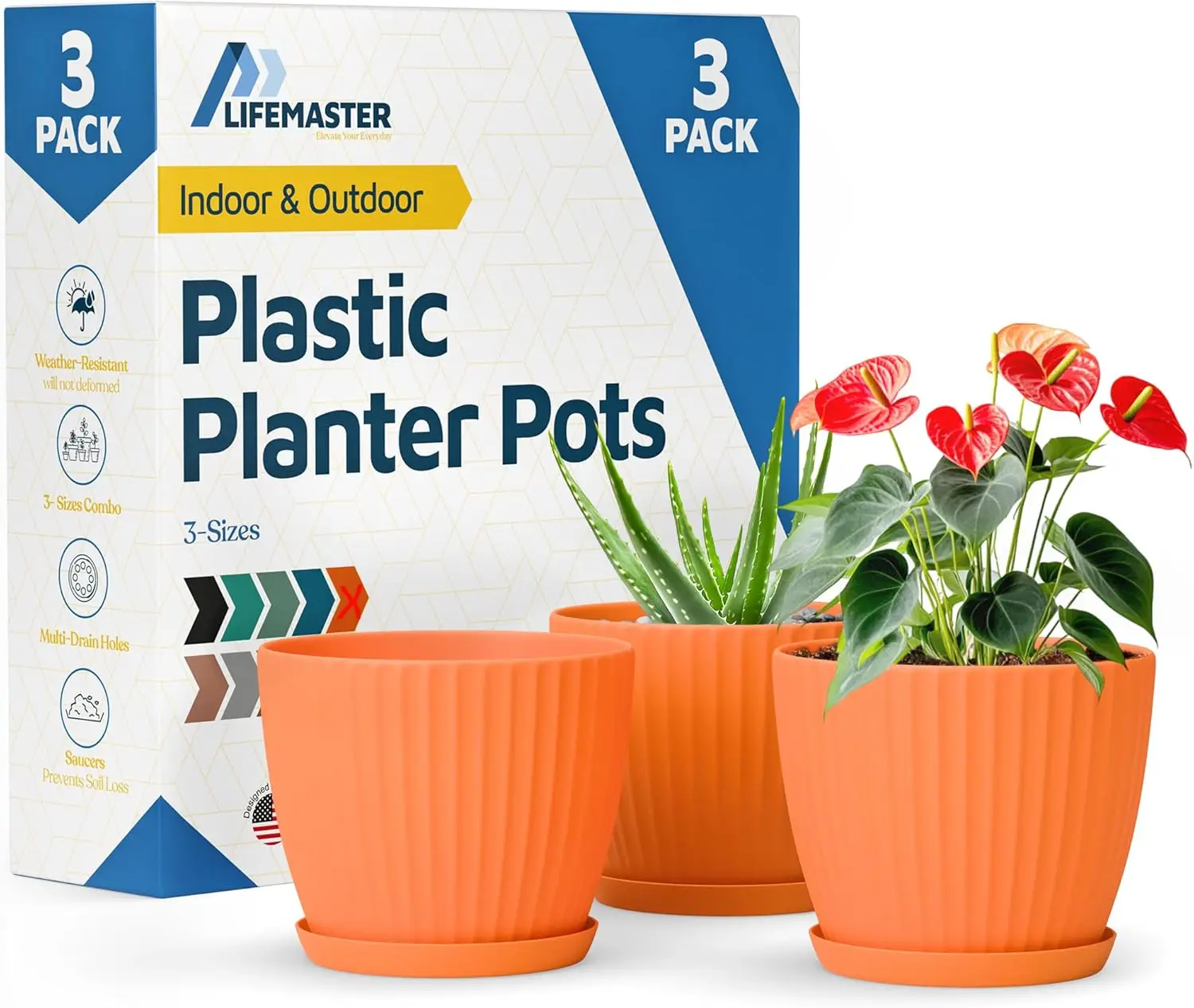 

Желтые 6-дюймовые горшки для растений с дренажем и поддонами, набор из 3 штук для комнатных/уличных растений, прочная штабелируемая конструкция