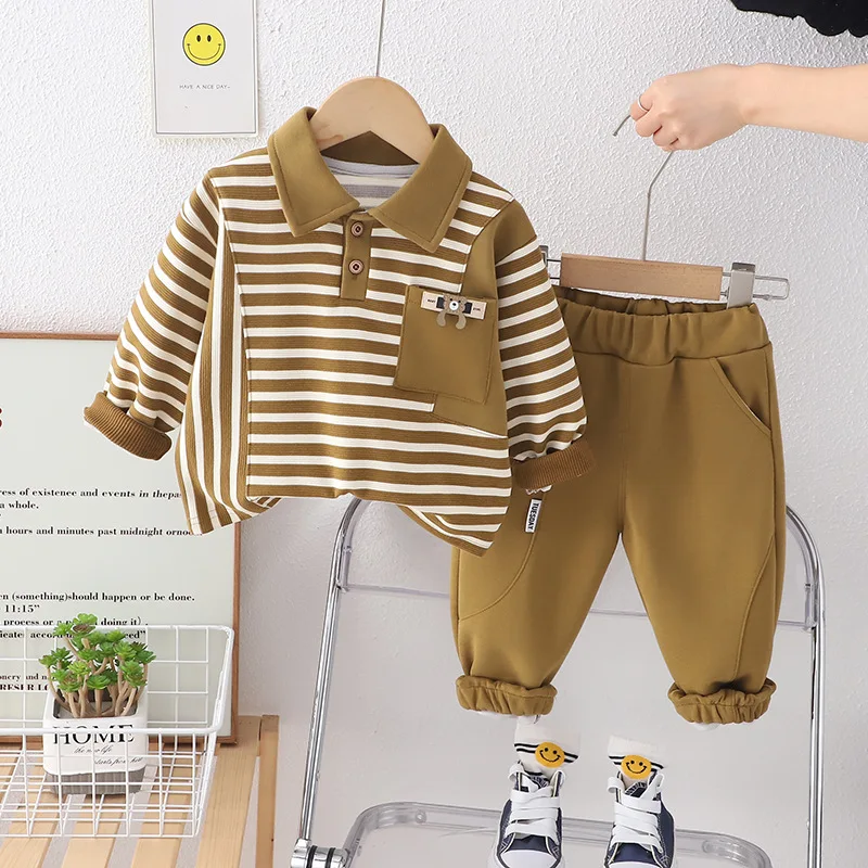 

Spring Autumn Baby Boy Clothes 1 to 2 Years Cartoon Striped Turn-down Collar Long Sleeve T-shirts Pants Toddler Sweatpants Set