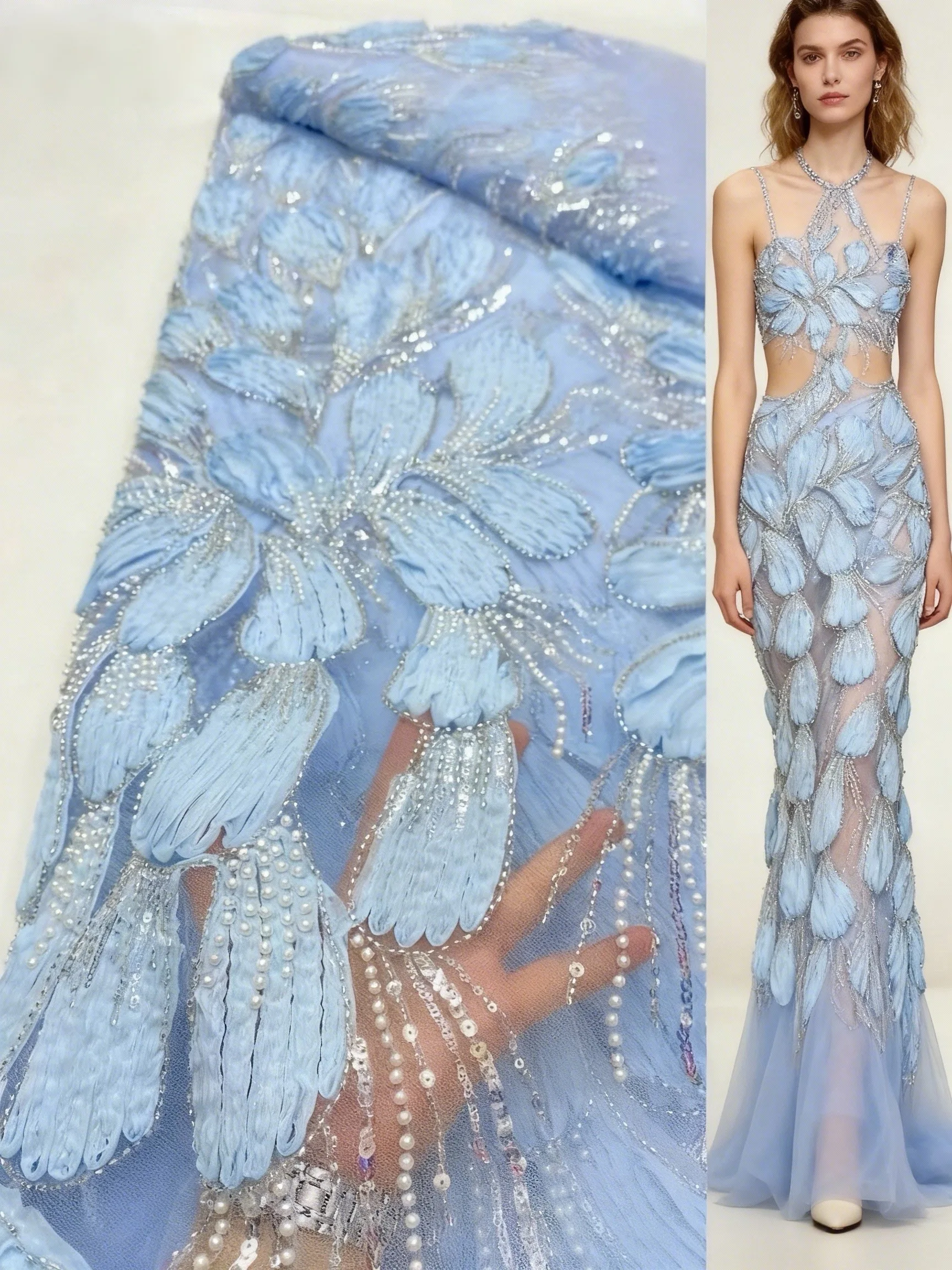 

2026 Latest African 3D Lace Fabric Embroidery Lace French Lace Fabric with Sequins Beaded Nigerian Tulle Lace for Party Dresses