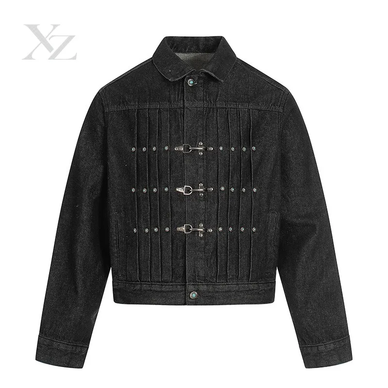 Opening Sale |Men's New American Vintage Cropped Raw Denim Jacket Boxy Fit Casual Pleated Design with Aircraft Buckle Coat