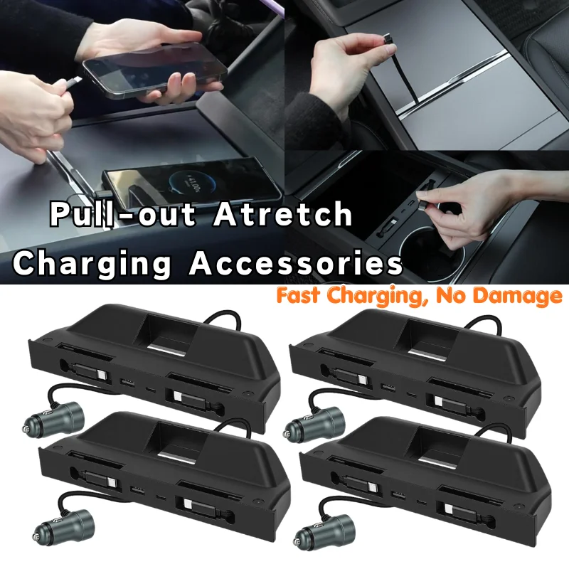 For Tesla Y/YL Pull-out Stretch Cable Expansion Dock Charging Accessories Car Charging Dock Organizer With USB A Type C Ports
