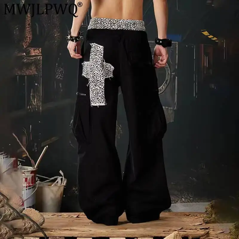 MWJLPWQ Y2K Men's Leopard Print Double Waistband Cargo Trousers Street Patchwork Cotton Three-Dimensional Pocket Pants New 14888