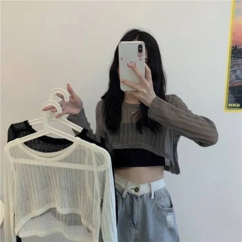 

Women's Korean Chic Crop Knit Top Lightweight Long Sleeve Lace Pullover Shirt Stylish Fall Arrival Sun Shirt Shrugs