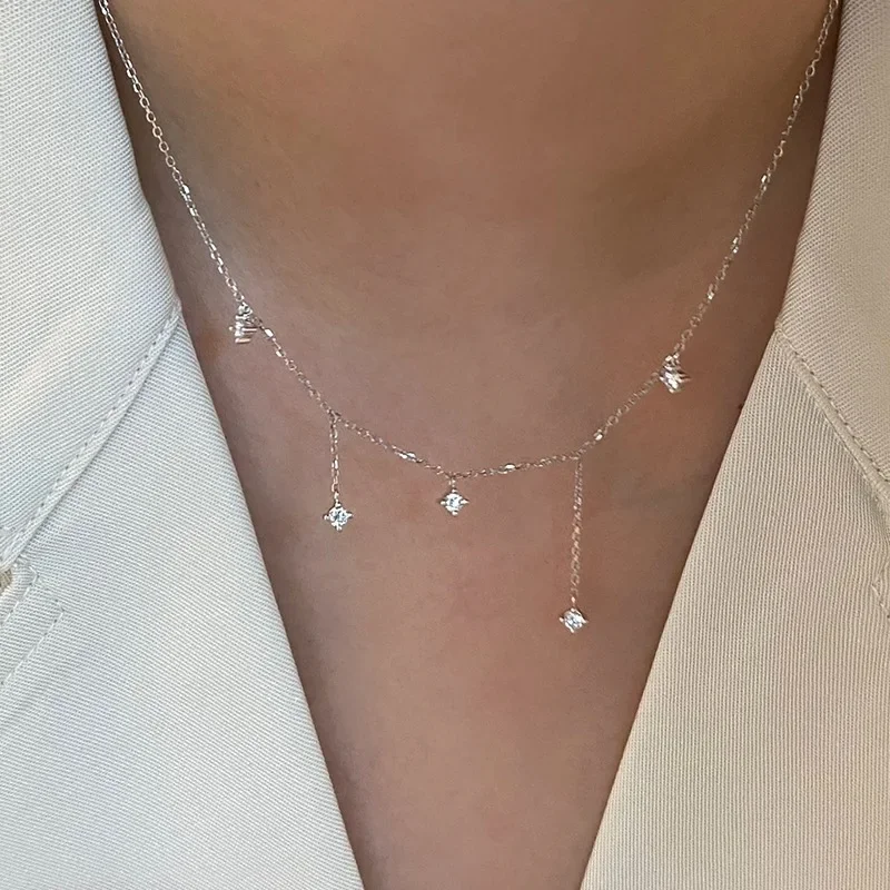 925 Sterling Silver Geometric Pendant Necklace with Inlaid Zircon Stones Featuring Starry Sky Compass Motif on Delicate Cross Ch