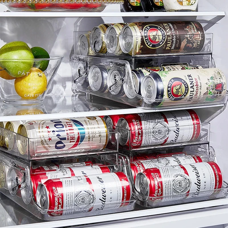 

Auto Rolling Soda Can Organizer For Refrigerator 2 Tier PET Beverage Dispenser For 330ml 500ml Cans Space Saving