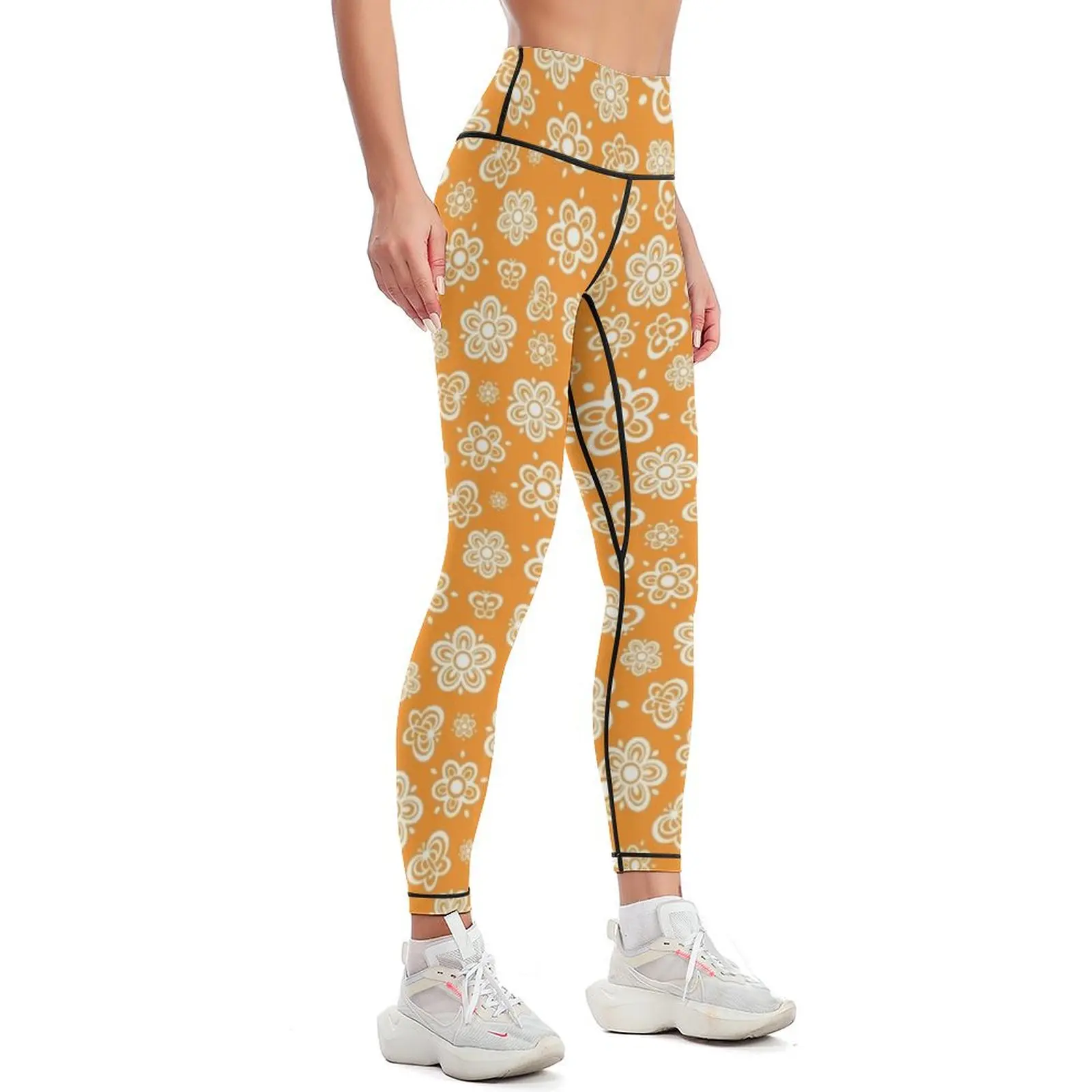 Midcentury Butterfly Gold Butterflies and Flowers Yellow Gold and White Vintage Dishes Leggings for girls Womens Leggings