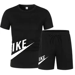 2024 Summer men's printed fitness Casual training sportswear set mesh breathable short sleeve T-shirt + jogging shorts 2 sets