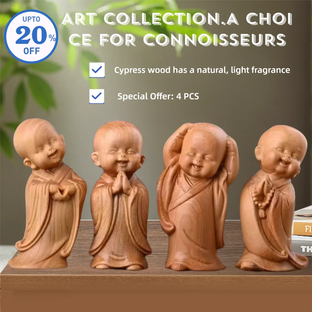 Wood carving young Buddhist monk sculptures and figurines Cute Home Room car Office Table decoration and accessories 4PCS